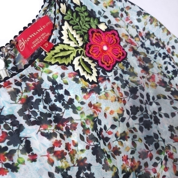 Anthropologie Bhanuni Multicolored Teal Black Floral Sheer Dress Sz 2 Pe… - Picture 6 of 12